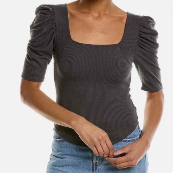 Free People Tops - Free People We The Free Night Lil Puff Sleeve Top Gray Square Neck Fitted Blouse